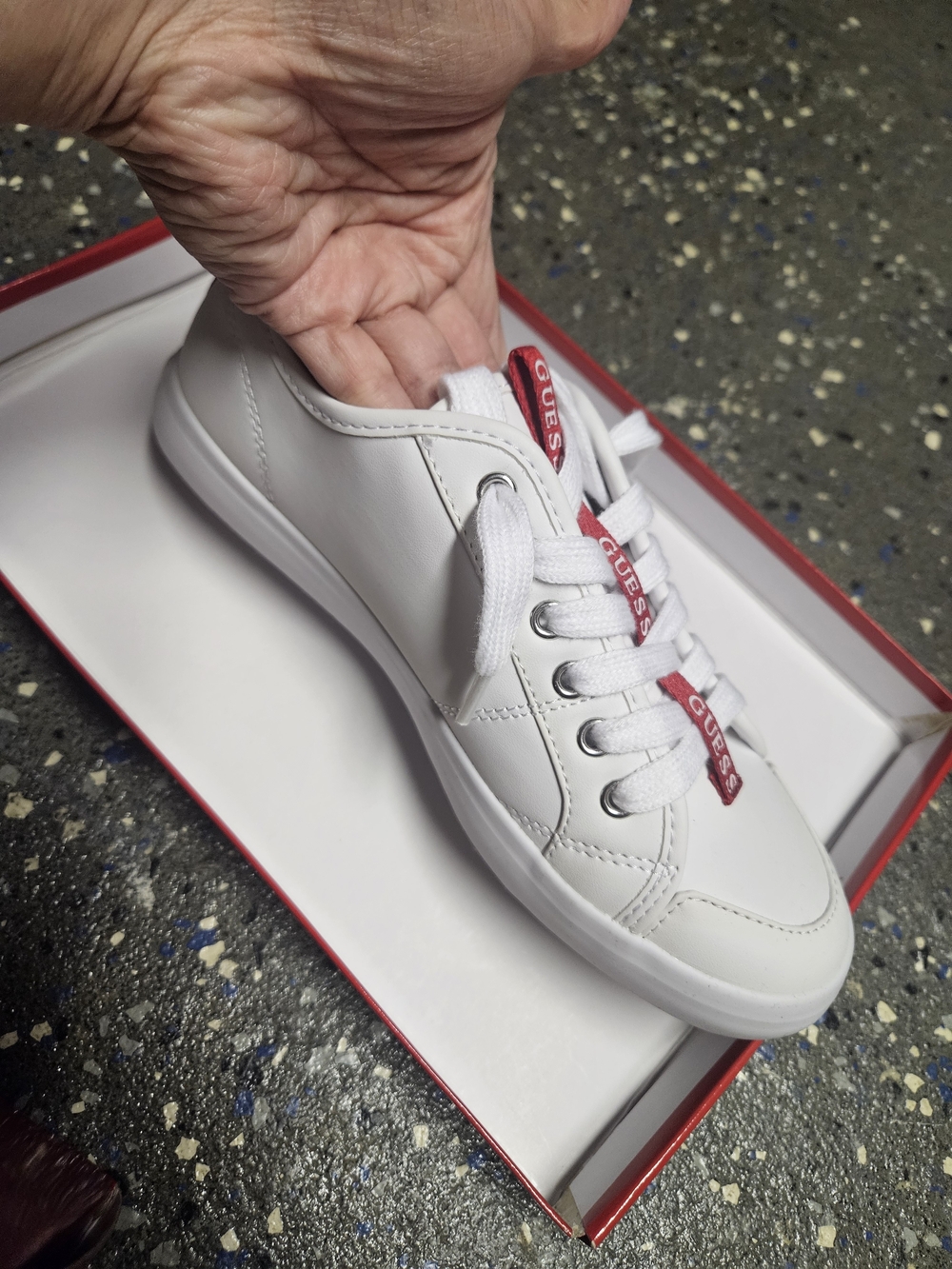 GUESS Women’s White Leather Lace-Up Sneaker with Red Accents